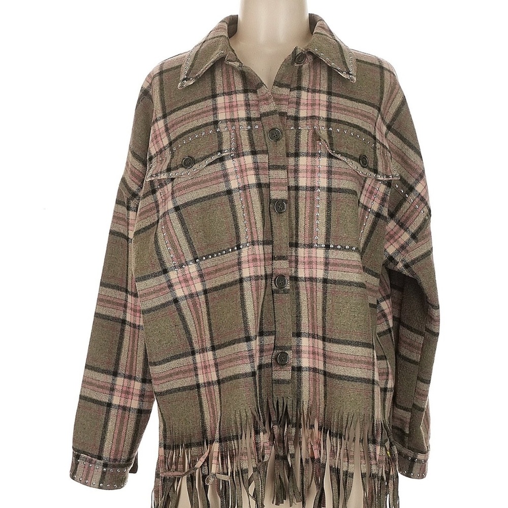 Zara Green and Pink Plaid Fringe Jacket